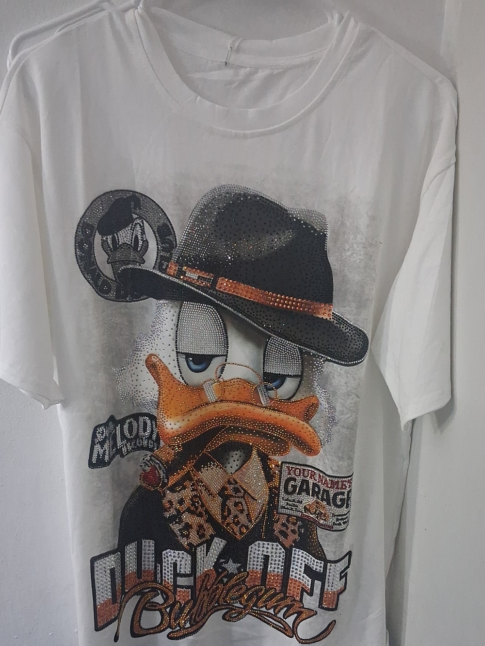 White Womens Graphic Donald Duck T‑Shirt with Rhinestones Size Large